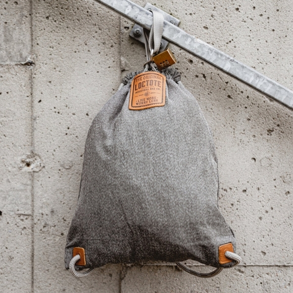 LocTote Flak Sack Sport Drawstring Backpack Gray Black Brass Combo Lock - Picture 7 of 9